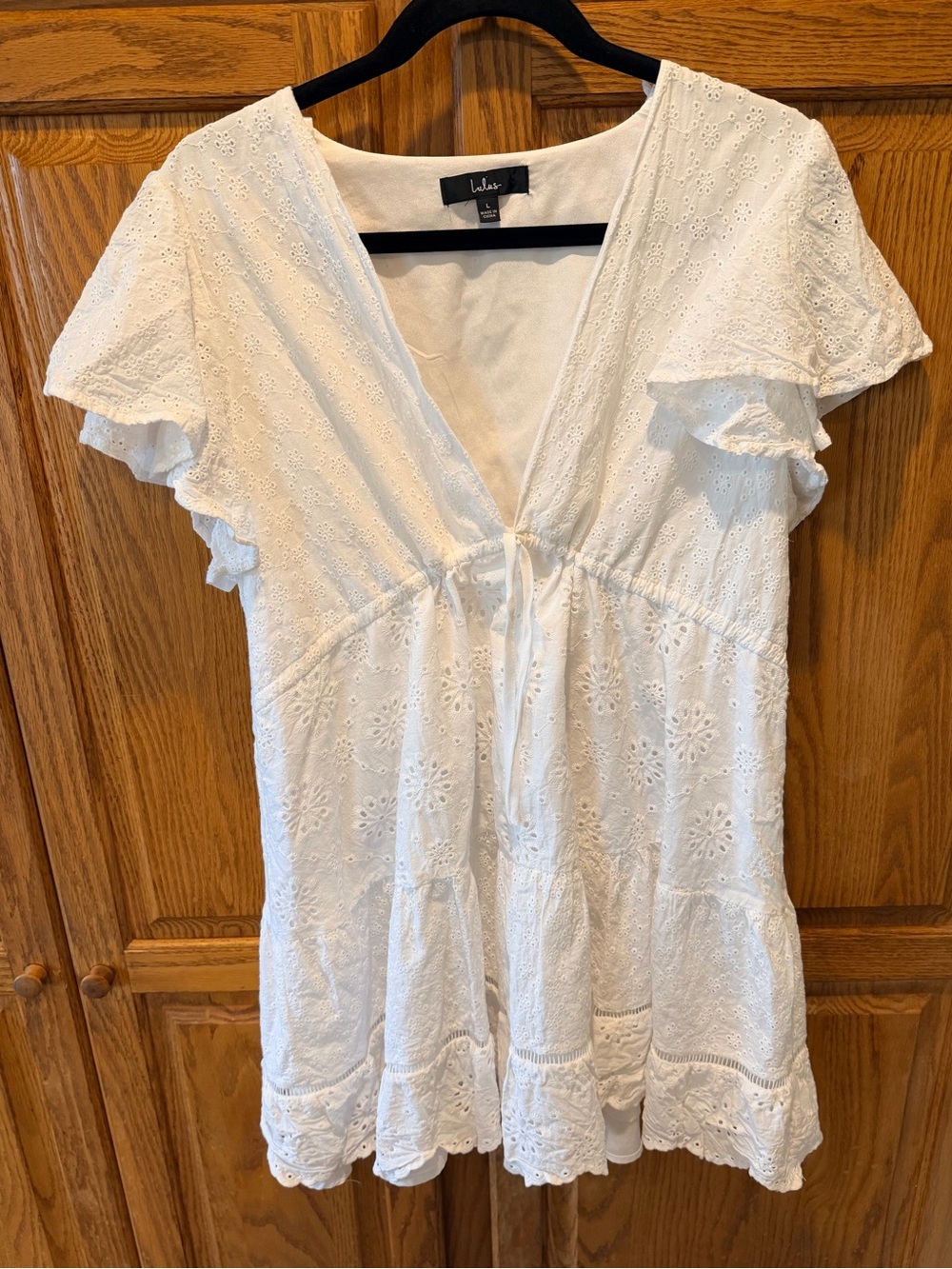 Lulu's White Eyelet Tie-Front Mini Dress Bridal Shower Bachelorette Graduation